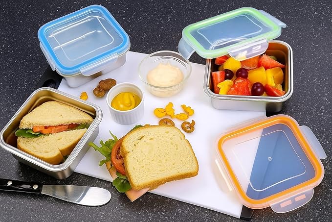 Set of 2 Stainless Steel Sandwich Containers - Food Grade Metal Base, BPA Free Leakproof & Airtight Silicone Seal Lid. Great for Sandwiches, Snacks, Meal Prep & Food Storage - Blue/Orange
