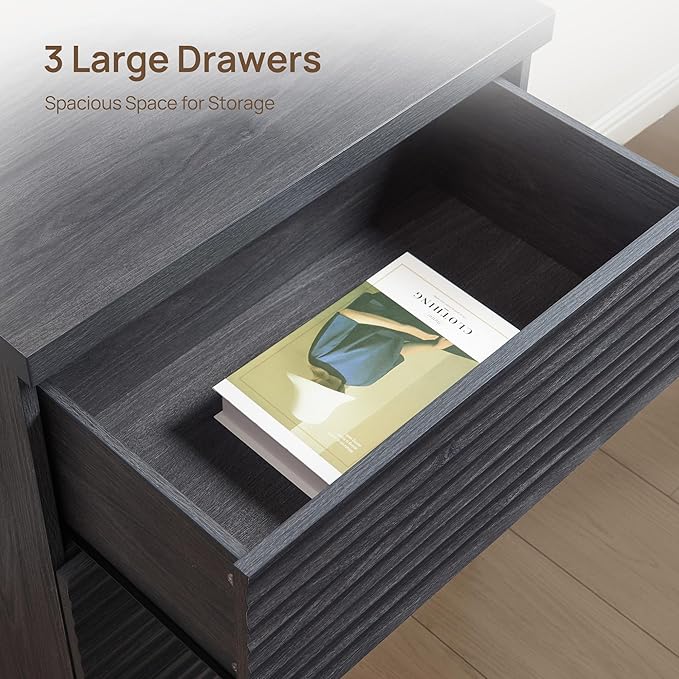 SICOTAS Buffet Cabinet with Storage, Modern Accent Sideboard Credenza with 3 Larger Drawers, Fluted Media Console Mid Century Coffee Bar Table for Living Room Kitchen, Dark Grey Alder (4 PCS)