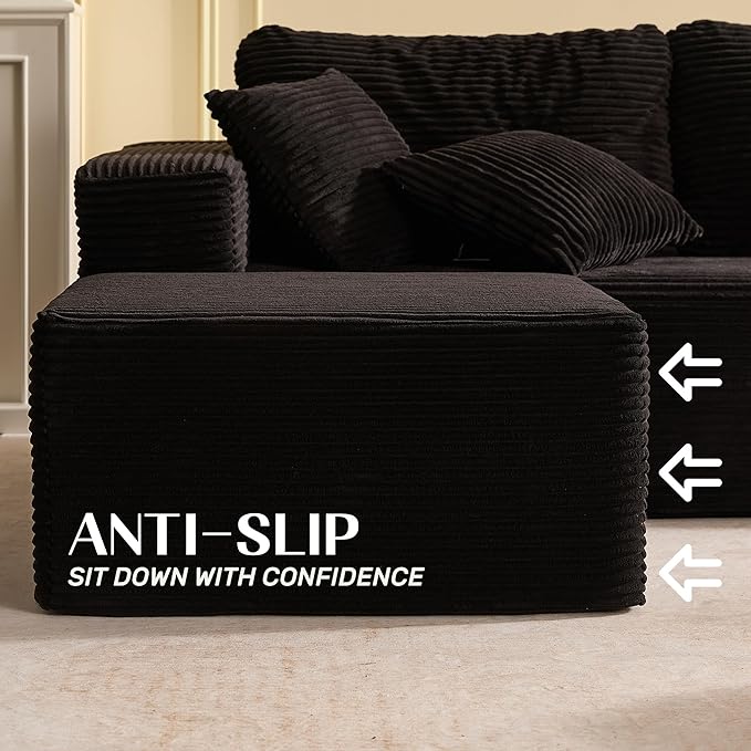 107" Boneless Couch with Deep Seat, Modular Sectional Sofa, Cloud Sectional Couch for Living Room, No Assembly Required, Corduroy, U-Shape 3 Seater Left, Black