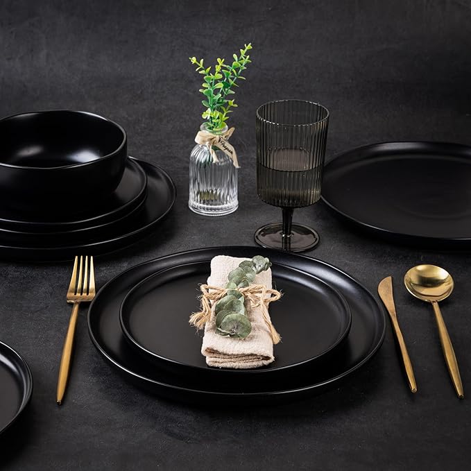 AmorArc Ceramic Dinnerware Sets, Wavy Rim Stoneware Plates and Bowls Sets, Highly Chip and Crack Resistant | Dishwasher & Microwave & Oven Safe Dishes set, Service for 8 (24pc)