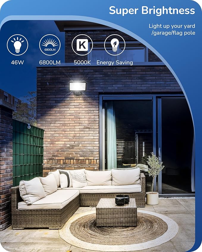 EDISHINE 46W Flood Light, 6800LM LED Flood Light Outdoor, IP65 Waterproof, 5000K LED Security Lights for Backyard, Flagpole, Garage, UL Listed