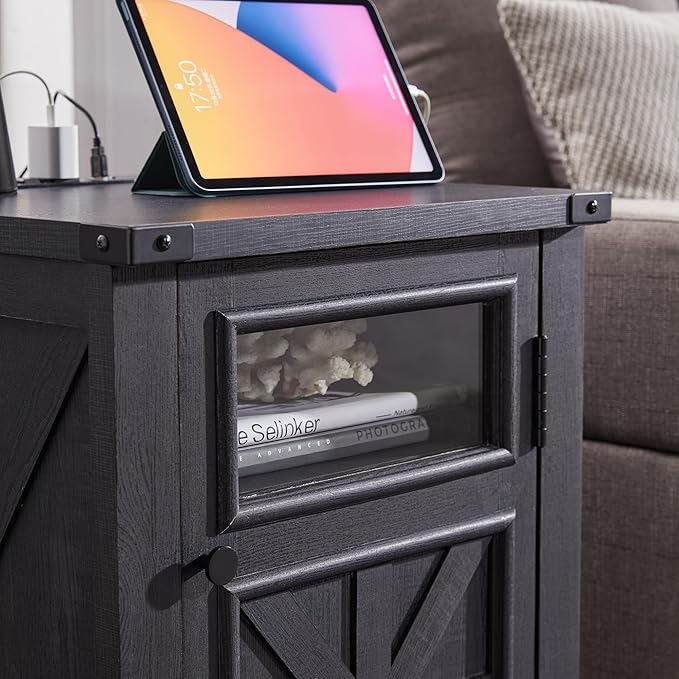 Nightstand with Charging Station, 18" Farmhouse End Table with Barn Door & Adjustable Shelf, Wood Sofa Side Table with 3-Tier Storage for Living Room, Bedroom, Black
