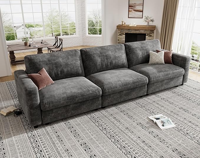 KKL Modular Sectional Sofa Couches for Living Room, 113" Sofa Couch with Adjustable Backrest, Chenille 3 Seater Sofa Couch with Comfy Cushion, Chenille, Grey