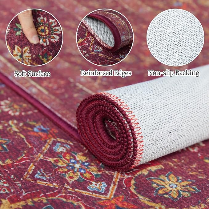 6x9 Soft Washable Area Rugs for Living Room and Bedroom, Non-Slip Stain Resistant Indoor Carpet, Cozy Floor Mat for Dining Room, Office, Under TableStain Resistant Persian red Floral