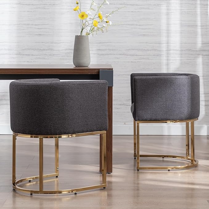 Linen Fabric Dining Chair Modern Barrel Arm Chairs with Black Frame, Upholstered Kitchen Chairs 18.5" Wide Accent Chair for Living Room Dining Room Restaurant, Charcoal