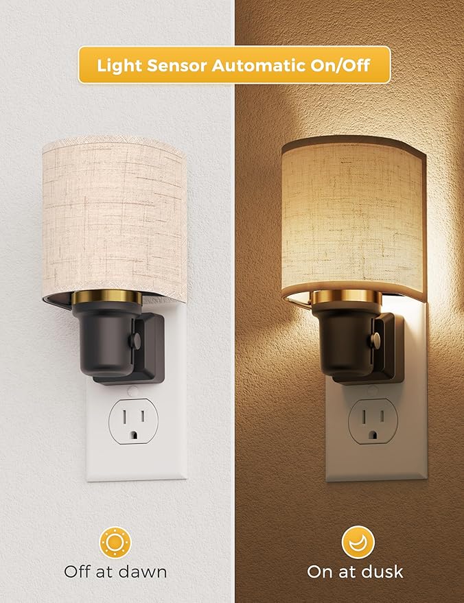 L LOHAS LED Night Lights Plug into Wall, Plug in Night Light Dimmable 100LM, Farmhouse Decorative Nightlights Plug in Wall, Light Sensor, Soft Linen Fabric Nightlight Warm for Bedroom Hallway, 2 Pack