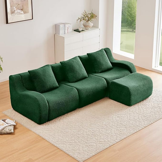 Green L-Shaped Cloud Couch with 1 Ottoman, Modern Teddy Fabric Boneless Sectional Sofa in a Box, Modular Floor Sofa for Living Room, Deep Seat, No Assembly Required, Sofas para Sala