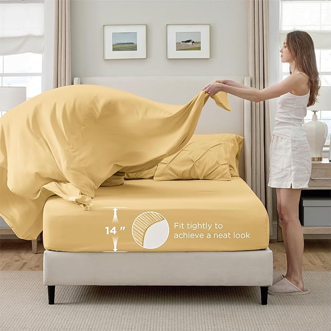 Bedsure King Size Comforter Set Yellow - Bed in a Bag Bedding Set 7 Pieces, GentleSoft™ Pintuck Bed Set Gift for Family, Pinch Pleat Yellow Comforter with Sheets, Pillowcases & Shams