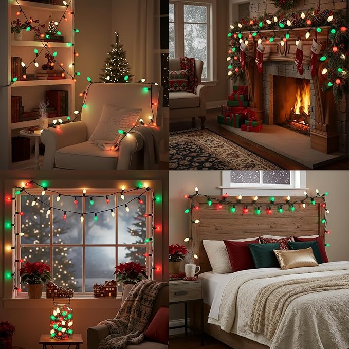 C7 LED Red White and Green Christmas Lights,25ft Vintage Ceramic Christmas String Light with 27 Multicolor LED Bulbs(2 Spare),Outdoor Hanging Lights for Garden House Xmas Garland Tree Decor