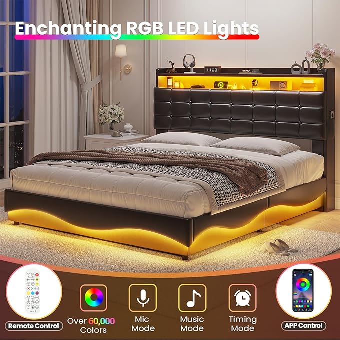 ADORNEVE Lift Up Storage Full Size Bed Frame with Type-C Charging Station& Hidden Storage Headboard, LED Lights Upholstered Platform Bed,Full Bed with Hydraulic, No Box Spring Needed,Black