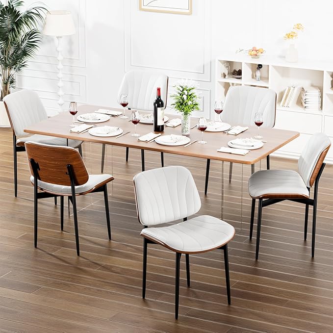 Dining Chairs Set of 4, Dining Room and Kitchen Chairs, FSC Certified Mid Century Modern Accent Chair, Upholstered PU Leather Chairs for Vanity with Walnut Bentwood and Metal Legs, White