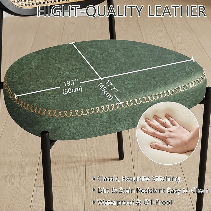 Rattan Dining Chairs Set of 6, Green Leather Upholstered Dining Chairs with Rattan Cane Back, Mid Century Modern Dining Room Chairs with Black Metal Legs & D-Shaped Thicken Cushion, Green