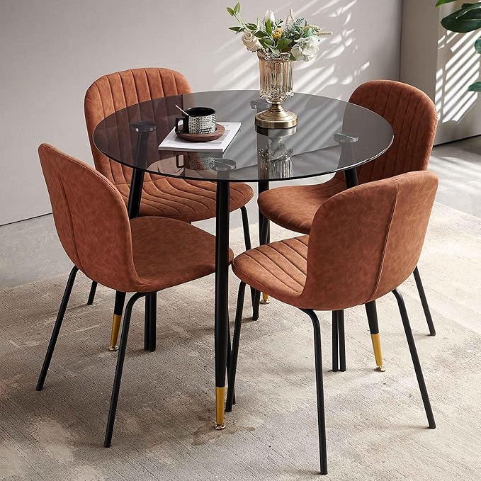 5-Pcs Round Dining Table Set for 4, 35.43" Round Kitchen Table Transparent with 4 Upholstered Home Chairs Space Saving Dining Chairs for Dining Room/Kitchen