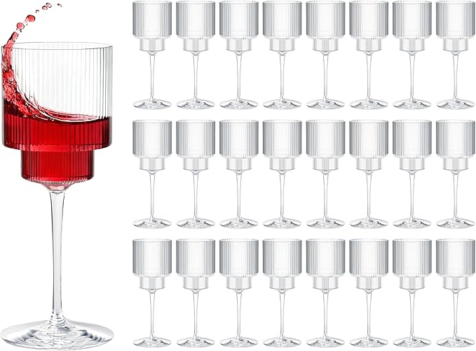 24PCS Ribbed Plastic Wine Glasses - 12oz Unbreakable Wine Glasses with Stem, Disposable Clear Plastic Champagne Cups with Ribbon for Party, Wedding, Poolside, Outdoor, Camping, Picnic