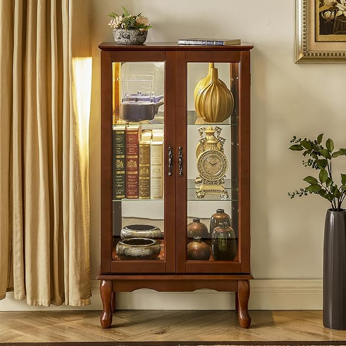Goujxcy Lighted Curio Cabinet, Modern Floor Standing Glass Curio Cabinet Display Case Cabinet with Adjustable Shelves, Mirrored Back Panel and Tempered Glass Doors for Home/Office (Walnut)