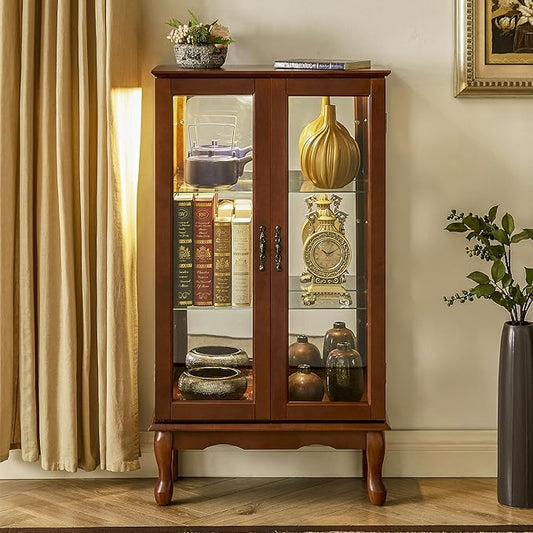 Goujxcy Lighted Curio Cabinet, Modern Floor Standing Glass Curio Cabinet Display Case Cabinet with Adjustable Shelves, Mirrored Back Panel and Tempered Glass Doors for Home/Office (Walnut)