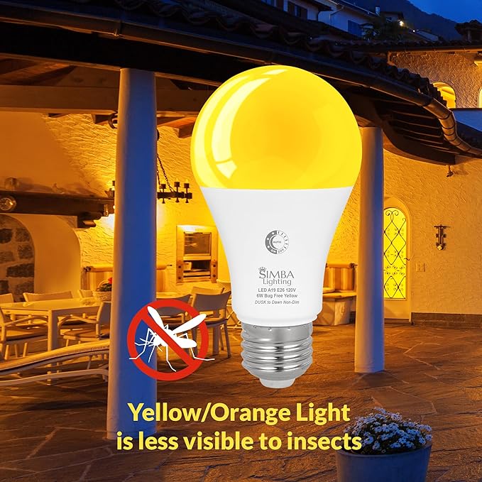 Simba Lighting Bug Non-Attracting Yellow LED Bulb 6W 40W Equivalent (4 Pack), Great for Outdoor Porch Light, Night Light, Dusk-to-Dawn Smart Sensor Auto On/Off, Amber Warm Light, A19 E26 Medium Base