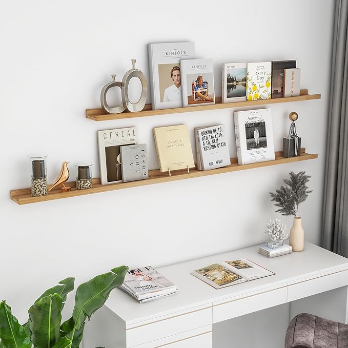 Picture Ledge Shelf, 72 inch Solid Ash Wood Floating Shelves Set of 2, Picture Ledge Photo Ledge Wall Mounted for Living Room Kids' Room Bedroom, Color Natural