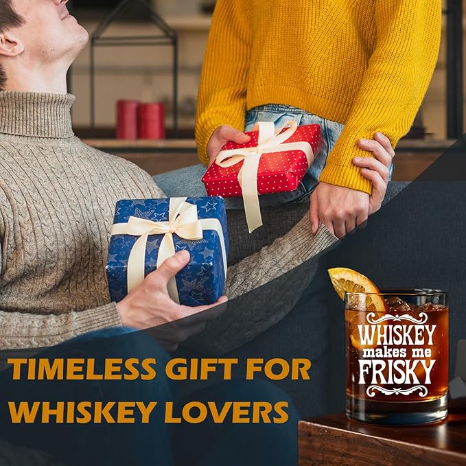 Whisky Lovers Gifts Old Fashioned Whiskey Glasses, Whisky Gifts for Women Men, Whiskey Makes Me Frisky 10 oz Rocks Barware Cup for Cocktail Drinks Scotch Bourbon Liquor