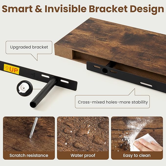 30 Inch Floating Shelves for Wall, 8 Inch Deep Floating Shelf for Storage & Display, Wall Mounted Shelf with Invisible Brackets for Living Room, Kitchen, Bathroom, Home Decor, Set of 2, Rustic Brown