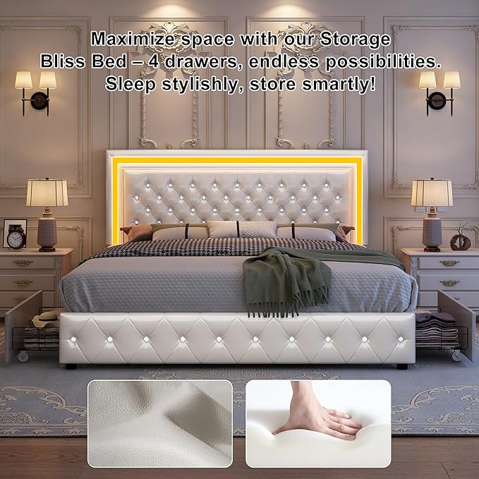 King Led Bed Frame with 4 Storage Drawers, Bed Frame with Led Lights, No Box Spring Needed, 900 lbs Capacity, Easy Assembly, PU White
