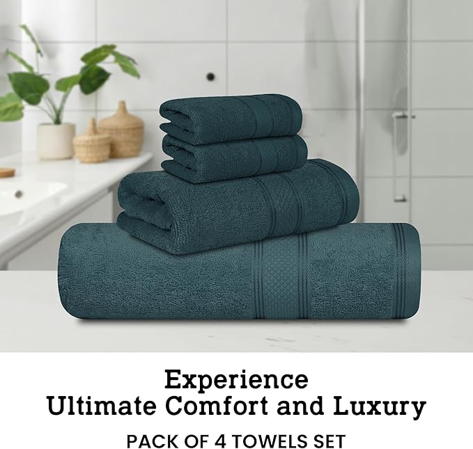 Casa Lino 4 Piece Bath Towel Set | 1 Bath Towel, 2 Wash Cloth, 1 Hand Towels | Bathroom Essentials for New Home, 100% Cotton Luxury Towels, Highly Absorbent Bathroom Set, Teal.