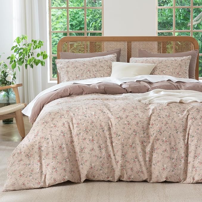 Queen Size Comforter Set Floral Soft 3 Pieces Chic Crinkle Gauze Fabric Garden Style Vintage Floral Print Botanical Comforter for All Seasons Luxury Warmth Comfy Breathable with 2 Pillowcases