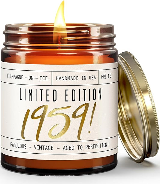 65th Birthday Gifts for Women - 'Limited Edition 1960' Soy Candle, w/Champagne on Ice I 65 Birthday Gifts for Women I 65th Gift for Her Ideas I 9oz Reusable Jar, 50Hr Burn, Made in USA