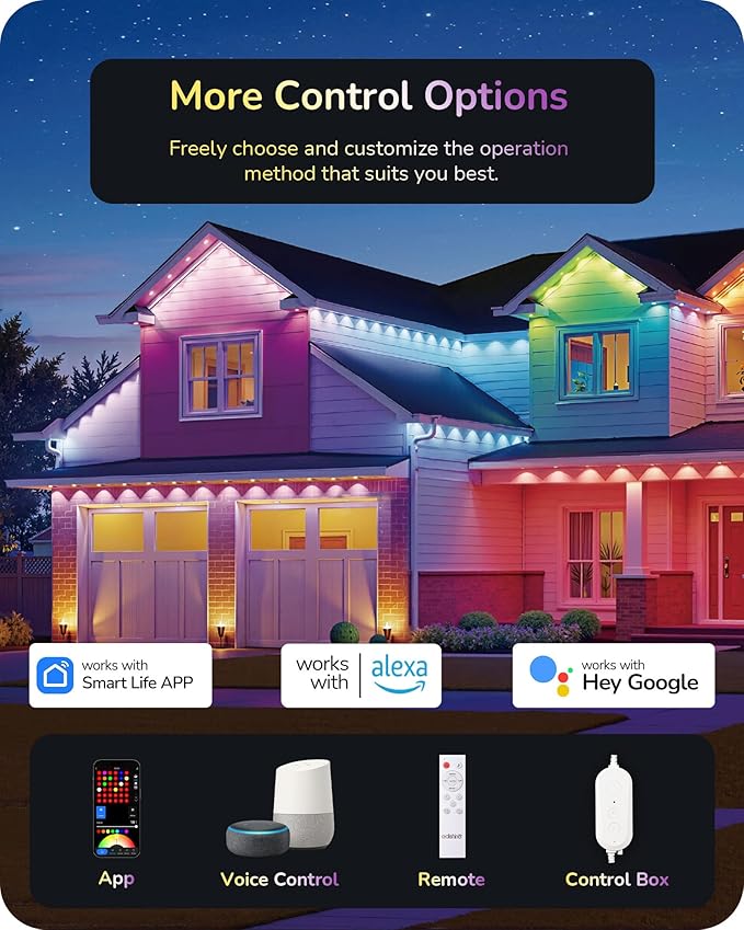 EDISHINE 200FT Cuttable Permanent Outdoor Christmas Lights PRO, 120 LED Smart RGB+IC+Warm White Eave Light, 111+ Scene Mode, App/Remote, IP67 Waterproof for House Year-Round Decor, Alexa Google Enable