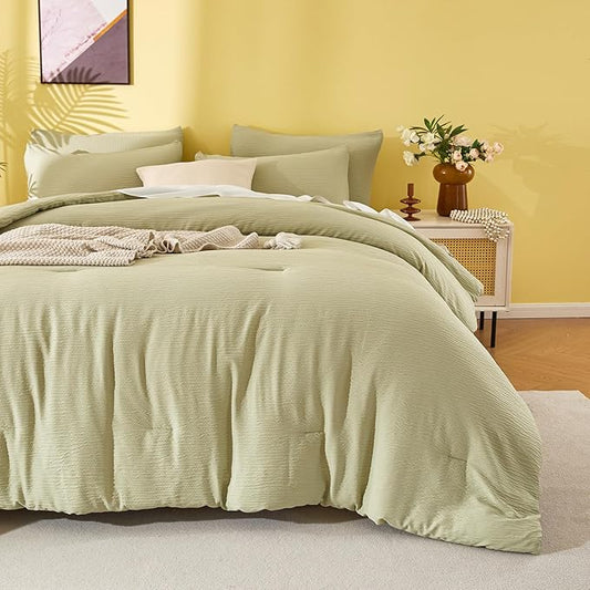 Queen Size Comforter Set Desert Sage, 3 Pieces Double-Layer Crinkle Yarn Bedding, All-Season Lightweight Warmth with 2 Pillowcases