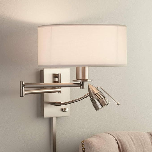 Possini Euro Design Tesoro Modern Swing Arm Wall Mounted Lamp Adjustable LED Brushed Nickel Plug-in Light Fixture Off White Drum Shade for Bedroom Bedside House Reading Living Room Home Hallway