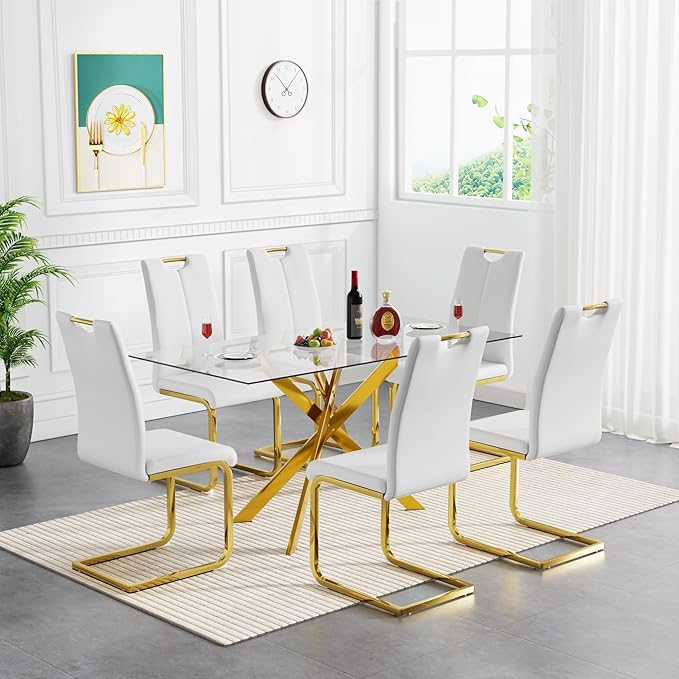 51'' Gold Glass Dining Table Set for 6,7 Piece Kitchen Table and Chairs Set with Metal Legs and 6 PU Leather Dining Chairs for Kitchen Room Small Spaces
