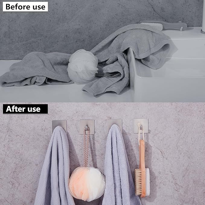 Heavy Duty Adhesive Hooks, Stick on Wall Adhesive Hangers, Strong Stainless Steel Holder, Self Adhesive Hooks for Kitchen Bathroom Home Door Towel Coat Key Robe 6 Packs Silver