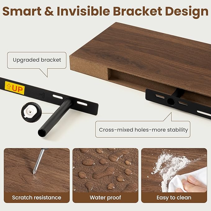 24 Inch Floating Shelves for Wall, 8 Inch Deep Floating Shelf for Storage & Display, Rustic Wall Mounted Shelf with Invisible Brackets for Living Room, Kitchen, Bathroom, Home Decor, Set of 2, Walnut
