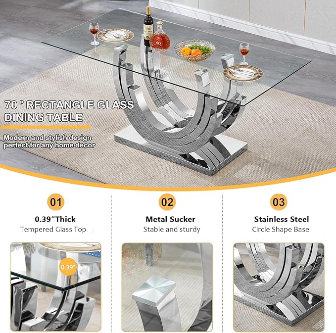 7 Piece Dining Table Set with 6 Grey Dining Chairs, Modern Glass Kitchen Table and Chairs Set for 6, 70" Rectangle Silver Glass Pedestal Dining Room Tables with Ring-Shape Stainless Steel Base