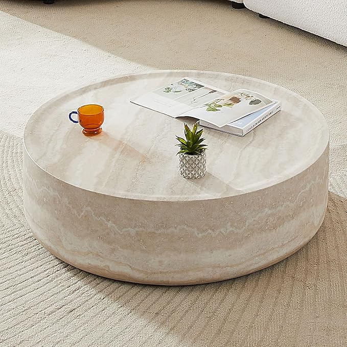 Round Coffee Table 39.37'' Marble Pattern Drum Shaped Coffee Table Fiberglass Cocktail Table Center Table for Living Room ome Office, Fully Assembled, White