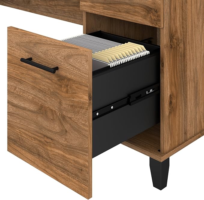 Bush Furniture Somerset L Shaped Desk with Hutch in Fresh Walnut | Corner Computer Table with Drawers, Cabinets and Pullout Keyboard/Laptop Tray for Home Office