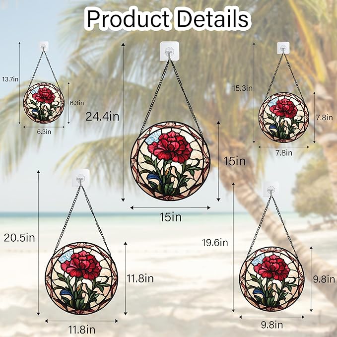 Stained Glass Window Hanging - Red Carnation Birth Flower Sun Catcher for Door Garden Home Decor Suncatcher Christmas Mother's Day Birthday Gifts for Women Men Mom Nana Friend Wife 9.8 in