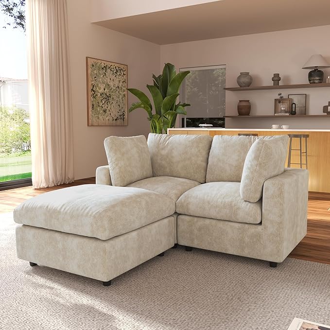 JACH 67" Love Seat Sectional Couches with Chaise Ottoman, Modern Convertible Modular Sofa, Cloud Sectional Couch, Sofa Covers Washable, Minimalist Couch for Living Room, Bedroom, Apartment, Khaki