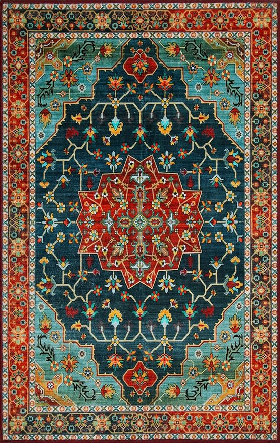 WILLSUN Washable Area Rugs, 8x10 Non-Slip Boho Large Area Rugs for Living Room, Bedroom, Machine Washable Vintage Rug, Indoor Floral Print Carpet for Home Decor, Kid & Pet Friendly Mat