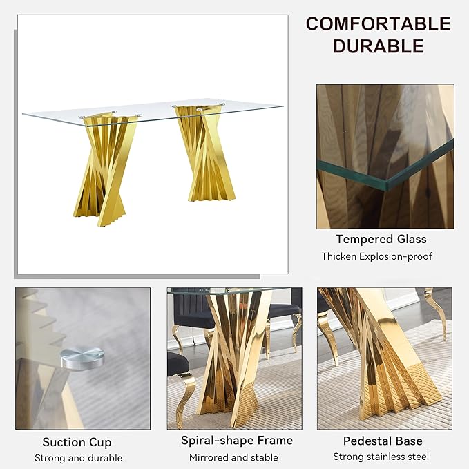 Goujxcy 70" Glass Dining Table Set for 6, Modern Gold Dining Table Set with 6 Black Velvet Upholstered Dining Chairs, 7 Piece Kitchen Dining Room Table Set with Stainless Steel Legs