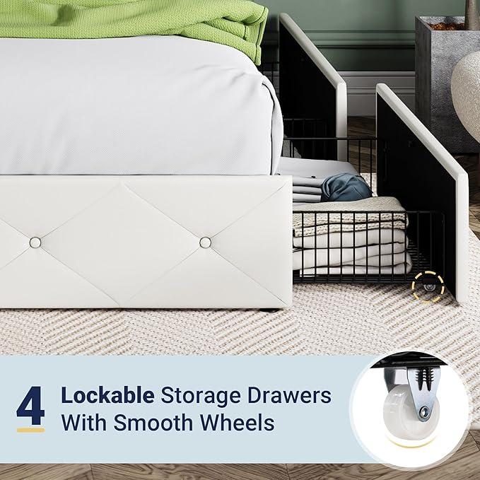 Allewie Upholstered Queen Size Platform Bed Frame with 4 Storage Drawers and Headboard, Diamond Stitched Button Tufted, Mattress Foundation with Wooden Slats Support, No Box Spring Needed, White