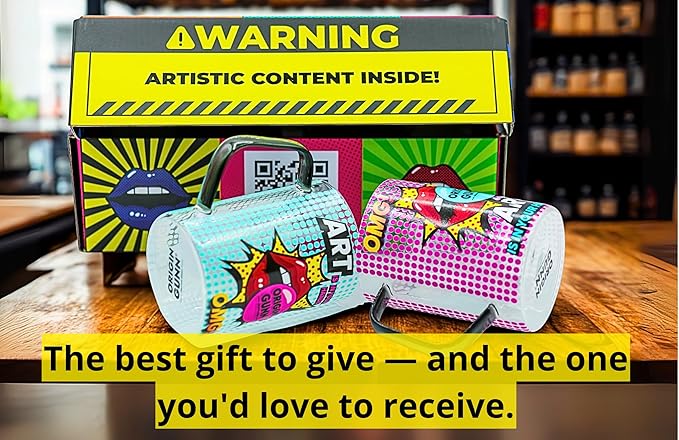 Origin Gunn 17oz Glass Coffee Mugs Set of 2 – Pop Art colorful design, borosilicate glass lightweight cups – dishwasher safe, large coffee mugs gift-ready box for coffee lovers