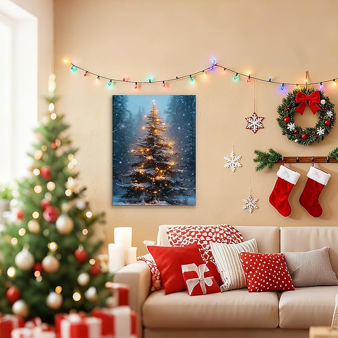 Framed Christmas Pictures Wall Decor,Vintage Pine Tree Prints,Winter Christmas Canvas Wall Art Decoration for Bedroom Bathroom Living Room Rustic Xmas Holiday Gifts (Christmas Tree 3, 12'' X 16'')