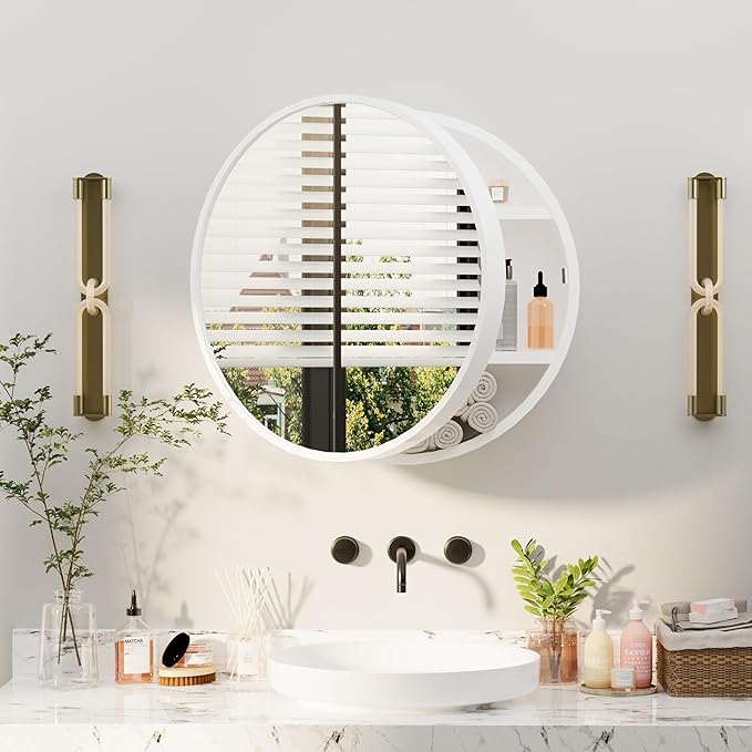Royal Windsor 20 Inch Round Medicine Cabinet Mirror, Bathroom Mirror Wall Cabinet with Storage and Shelf, Surface Wall Mounted,Arched Cabinet Makeup Vanity Mirror for Bedroom, White