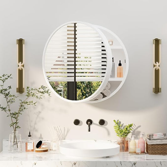 Royal Windsor 20 Inch Round Medicine Cabinet Mirror, Bathroom Mirror Wall Cabinet with Storage and Shelf, Surface Wall Mounted,Arched Cabinet Makeup Vanity Mirror for Bedroom, White