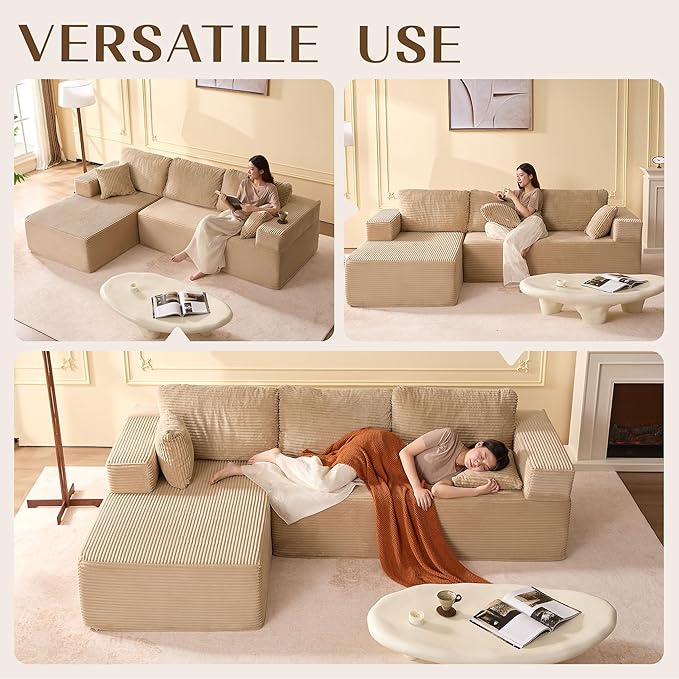 107" Boneless Couch with Deep Seat, Modular Sectional Sofa, Cloud Sectional Couch for Living Room, No Assembly Required, Corduroy, L-Shape Left?Camel