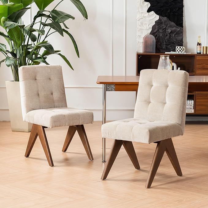 Rowill Modern Upholstered Dining Chairs Parsons Chair Linen Fabric Kitchen Chairs Tufted Armless Dining Room Chairs with Wood Legs Set of 4, Khaki
