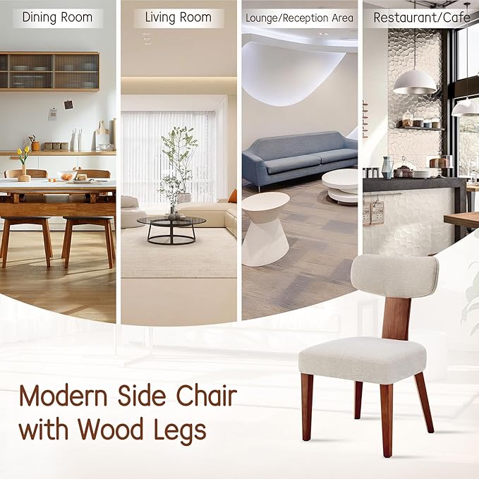 Dining Chairs Set of 2, Mid-Century Modern Upholstered Kitchen Chairs with Curved Backrest and Linen Fabric Seat, Wood Leg Accent Chairs for Dining Room, Living Room, Bedroom, Linen Beige