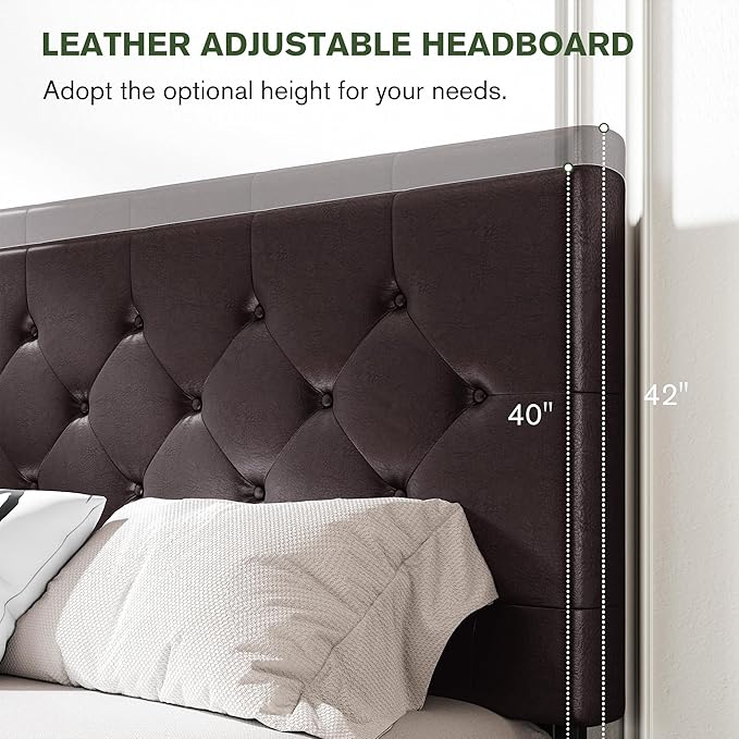 MUTICOR Queen Size Bed Frame with 4 Storage Drawers, Upholstered Platform Bed with Button Tufted Adjustable Headboard, No Box Spring Needed, Easy Assembly, Diamond Tufted, Brown Leather